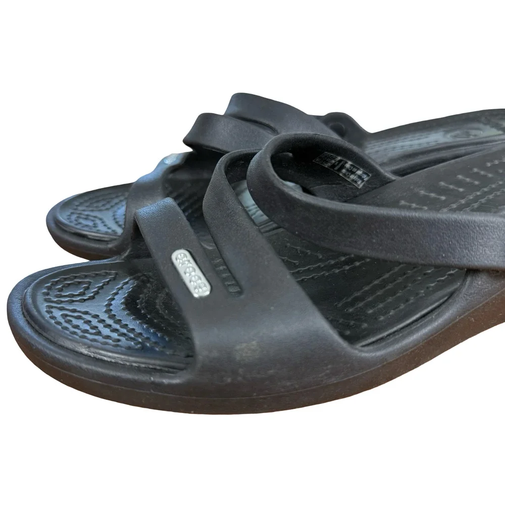 Crocs Patricia Wedge Sandals Black Slip On Slides Strappy Open Toe Shoes sz 8